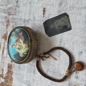 Antique Japan Trinket Box Silk Boucher Landscape Tintype Hair Mourning Chain